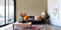 Stripe widths shift gently along the run on Warm Beige Distressed Stripes on Khaki wallpaper.GD9617