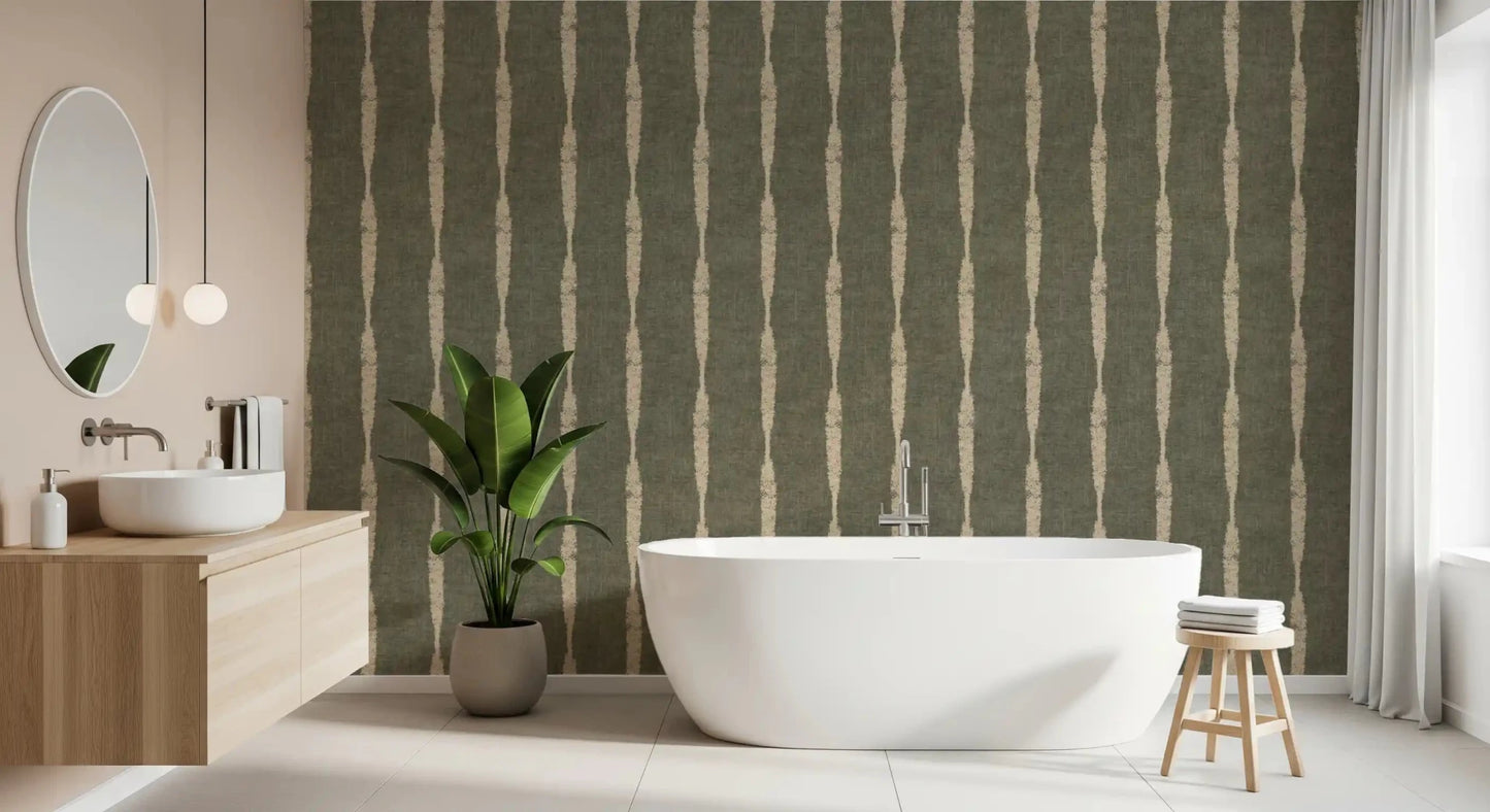 Warm Beige Textured Distressed Stripes on Muted Green Wallpaper⁠GD9618