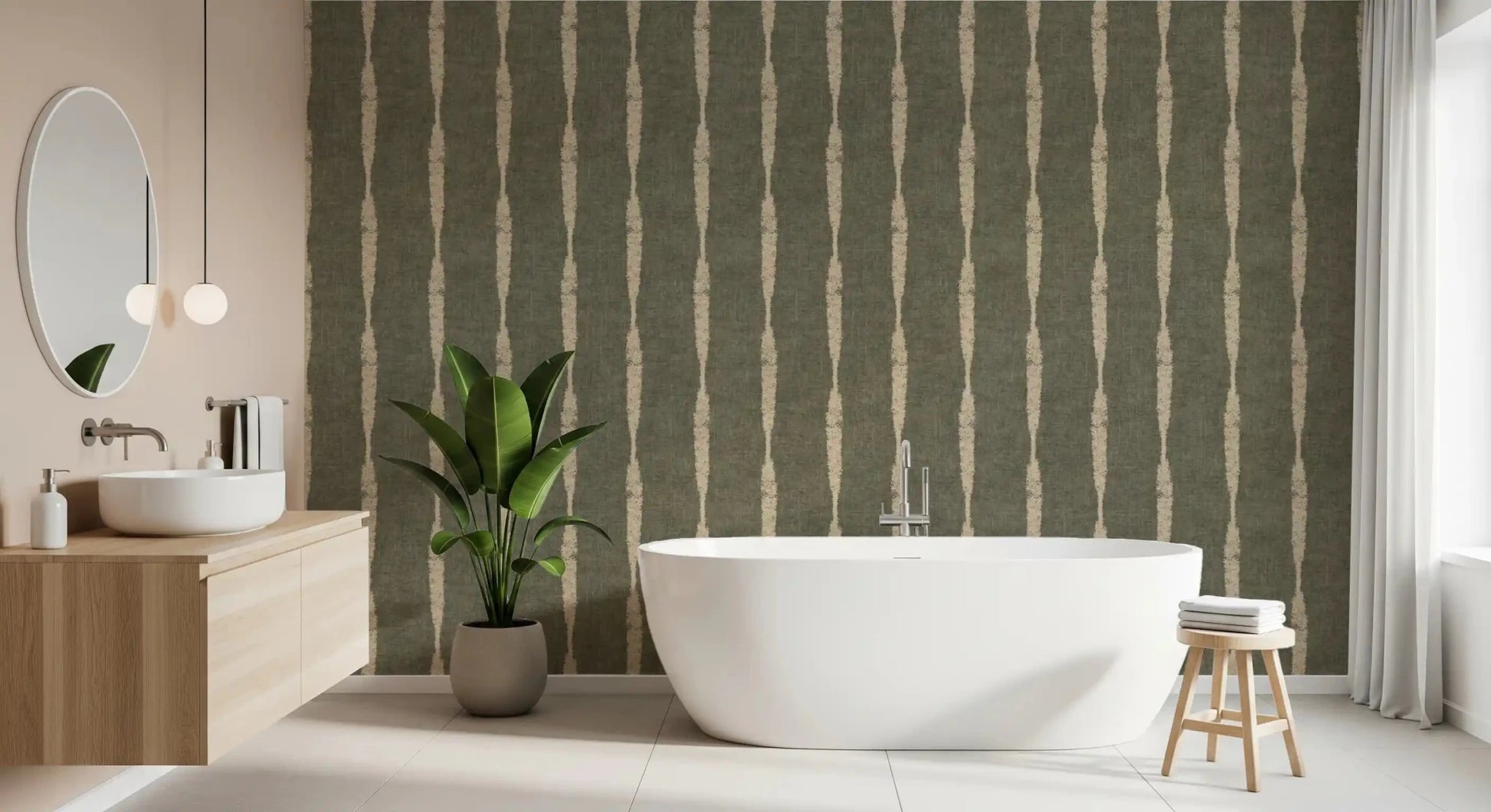 Warm Beige Textured Distressed Stripes on Muted Green Wallpaper⁠GD9618