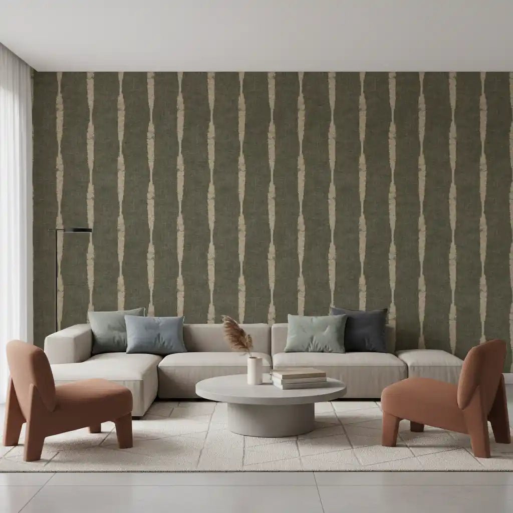 Warm Beige Textured Distressed Stripes on Muted Green Wallpaper⁠GD9618