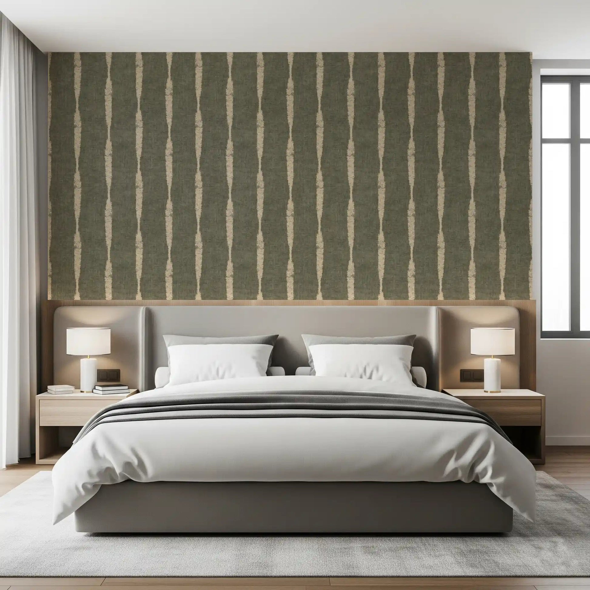 Warm Beige Textured Distressed Stripes on Muted Green Wallpaper⁠GD9618