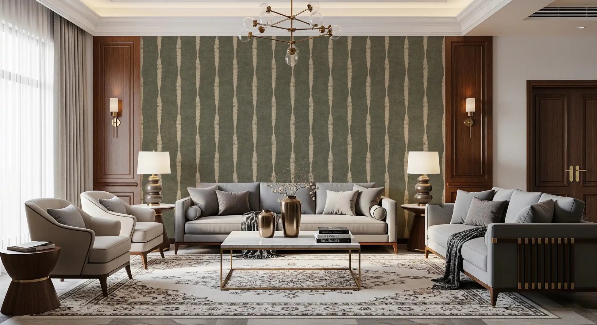 Warm Beige Textured Distressed Stripes on Muted Green Wallpaper⁠GD9618