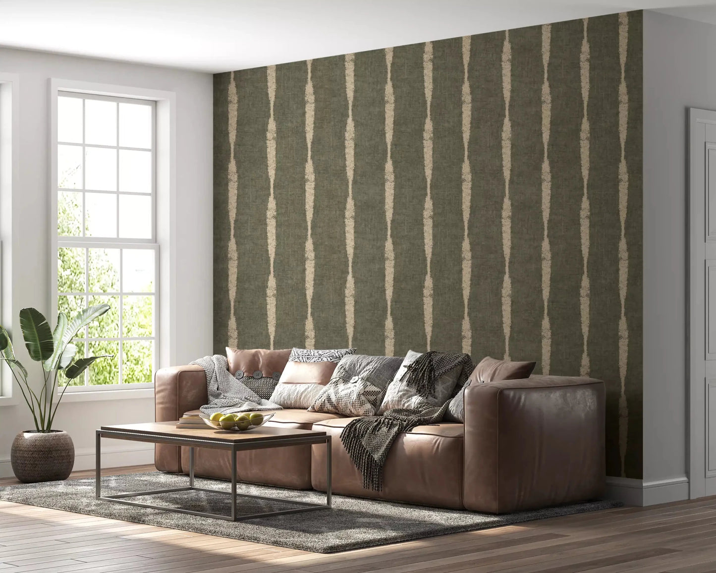 Warm Beige Textured Distressed Stripes on Muted Green Wallpaper⁠GD9618