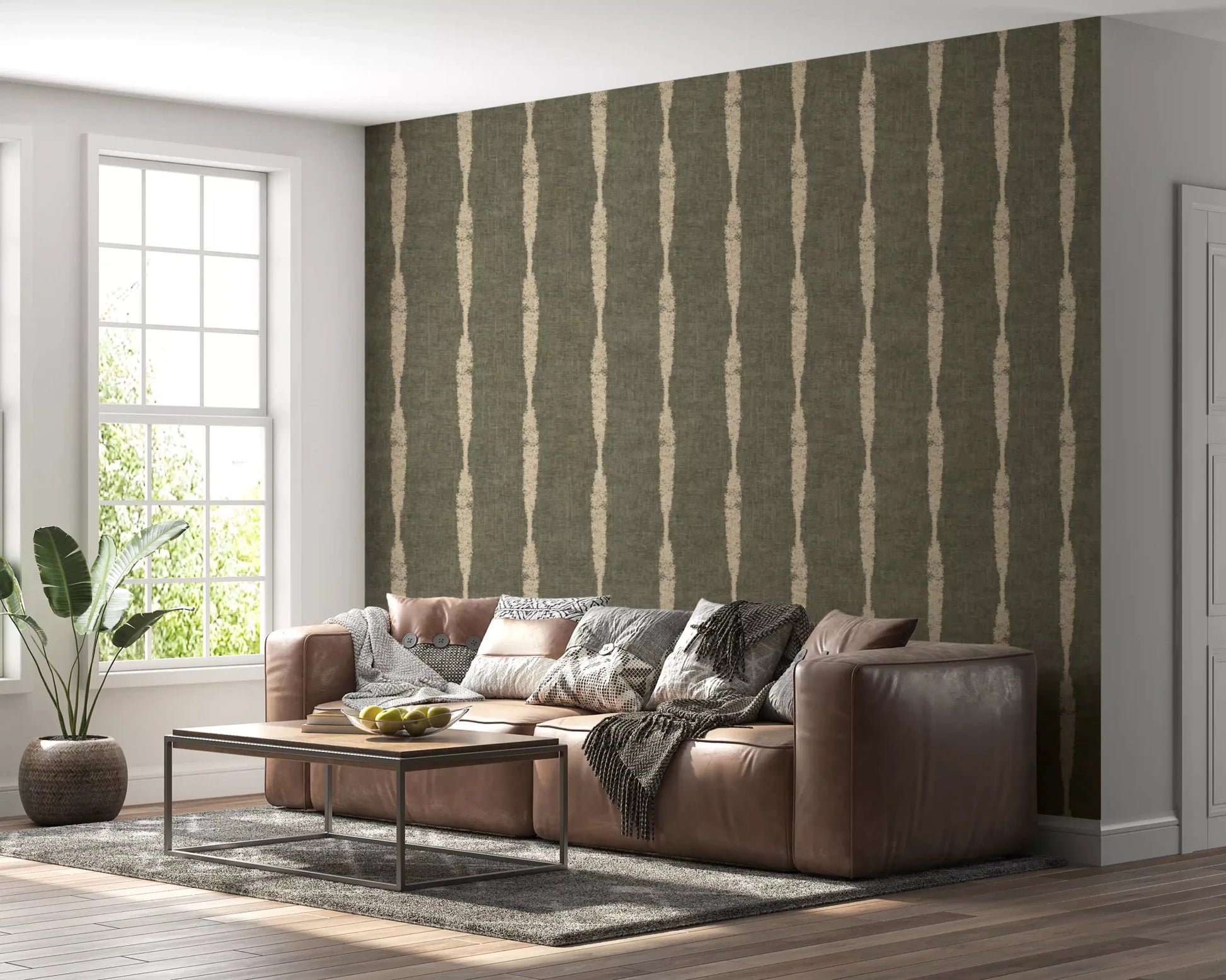 Warm Beige Textured Distressed Stripes on Muted Green Wallpaper⁠GD9618