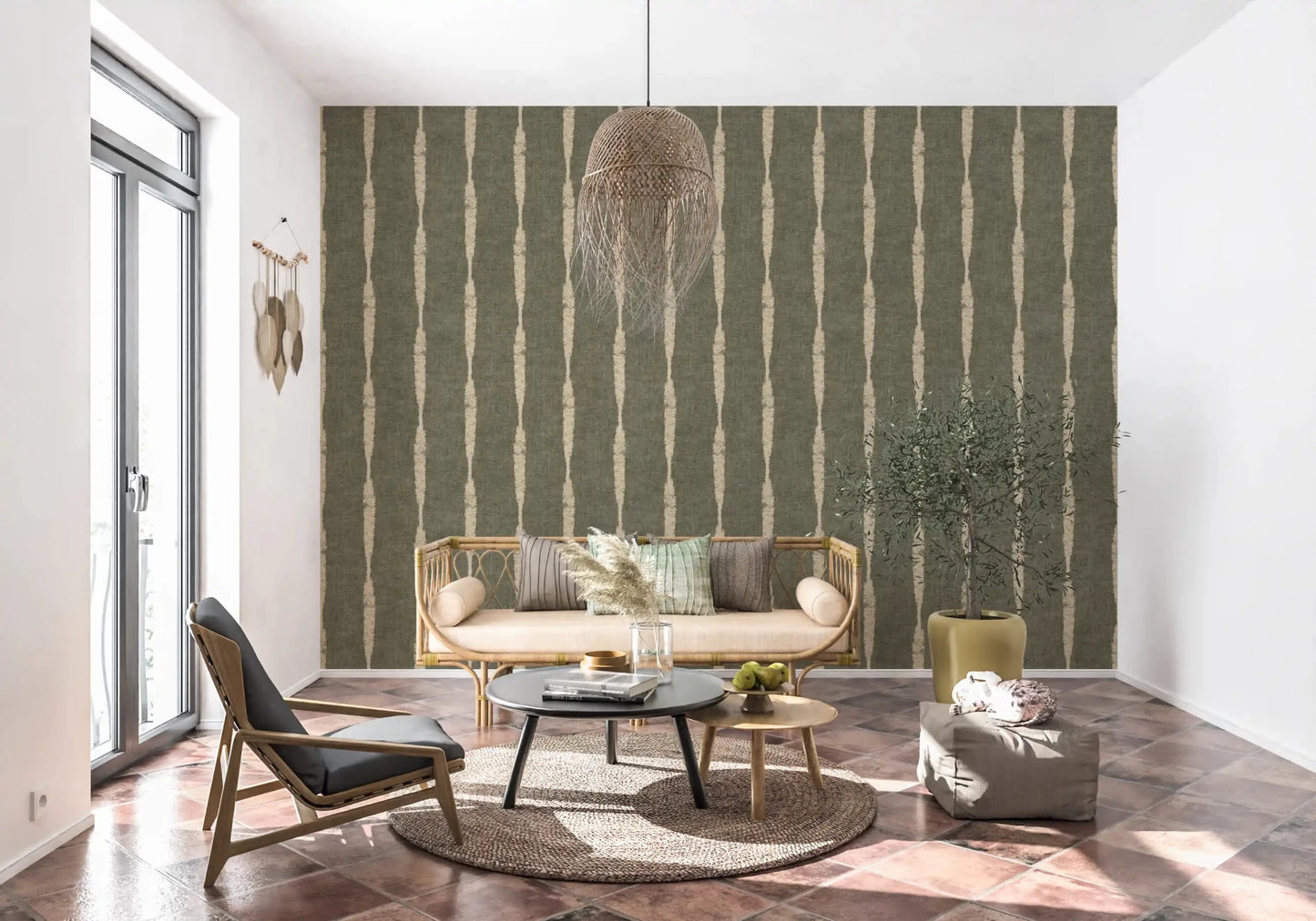 Warm Beige Textured Distressed Stripes on Muted Green Wallpaper⁠GD9618