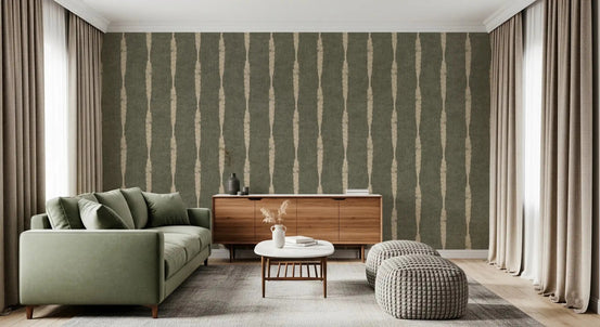 Warm Beige Textured Distressed Stripes on Muted Green Wallpaper⁠GD9618