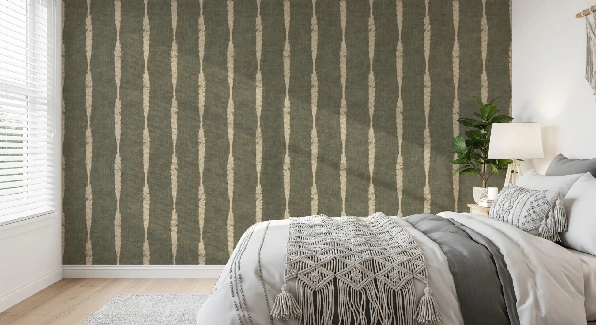 Warm Beige Textured Distressed Stripes on Muted Green Wallpaper⁠GD9618
