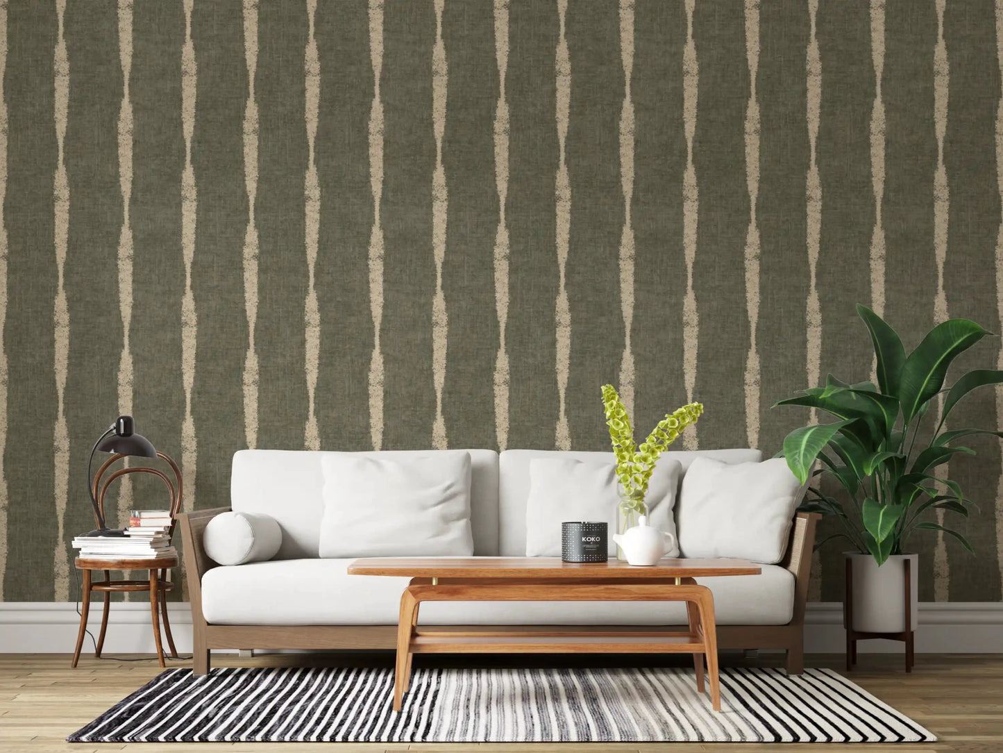 Warm Beige Textured Distressed Stripes on Muted Green Wallpaper⁠GD9618