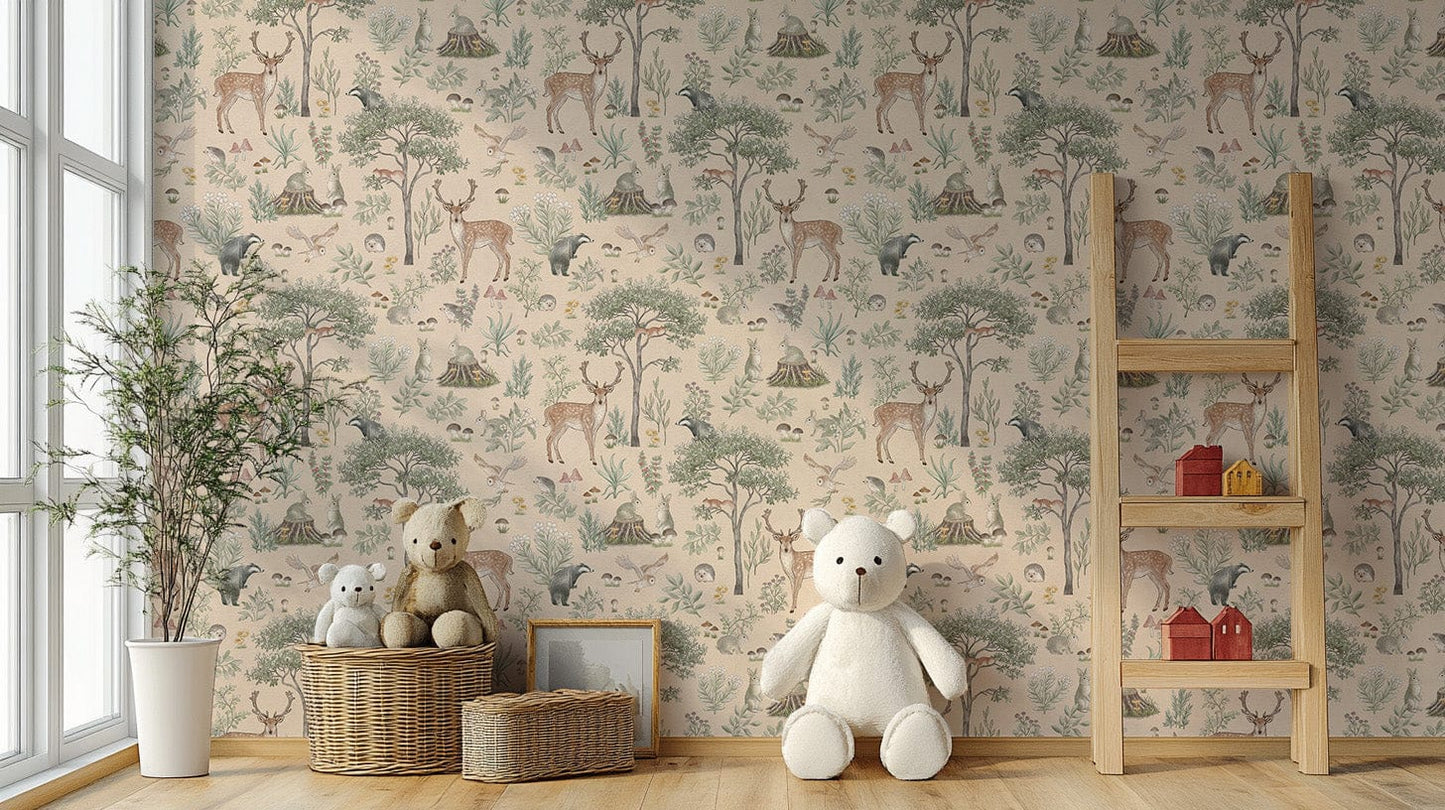 Elegant beige wildlife mural with foliage
