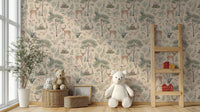 Elegant beige wildlife mural with foliage
