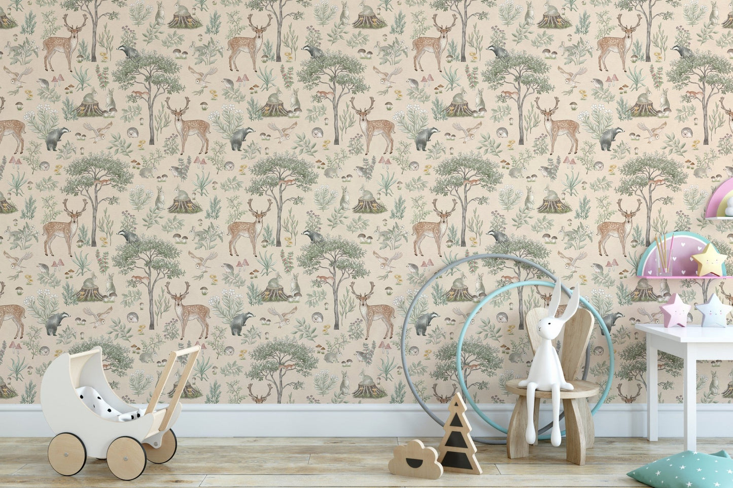 Deer and forest animals wallpaper in beige
