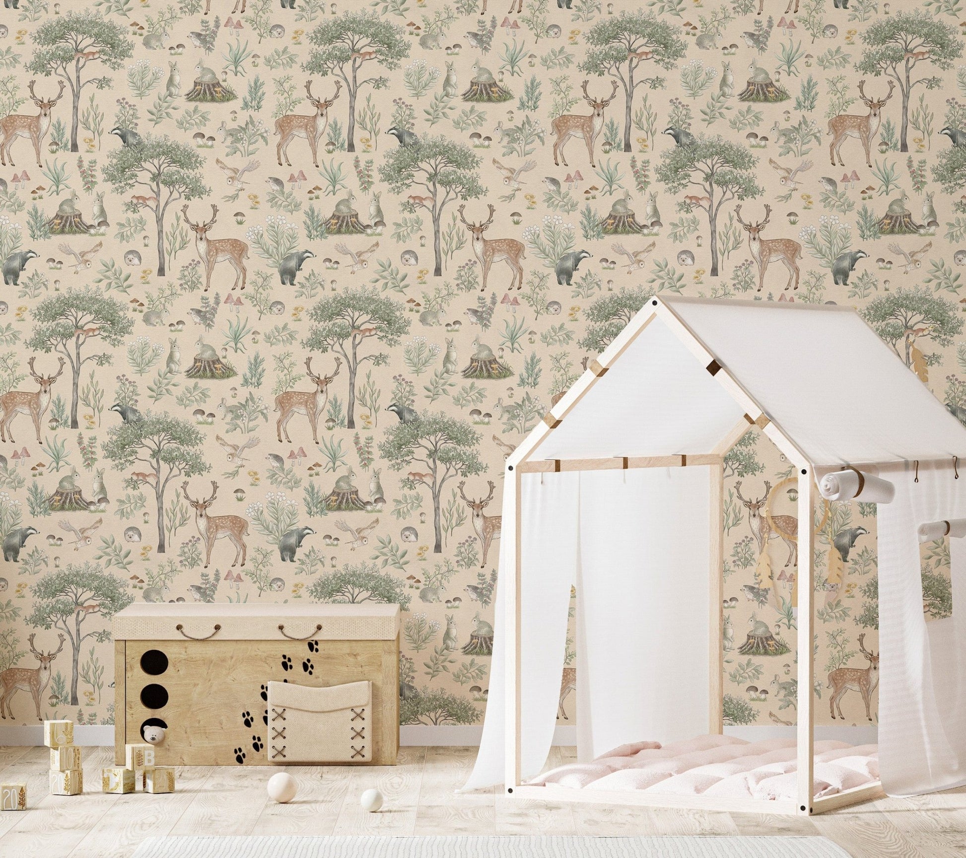 Cozy forest wallpaper with deer and trees
