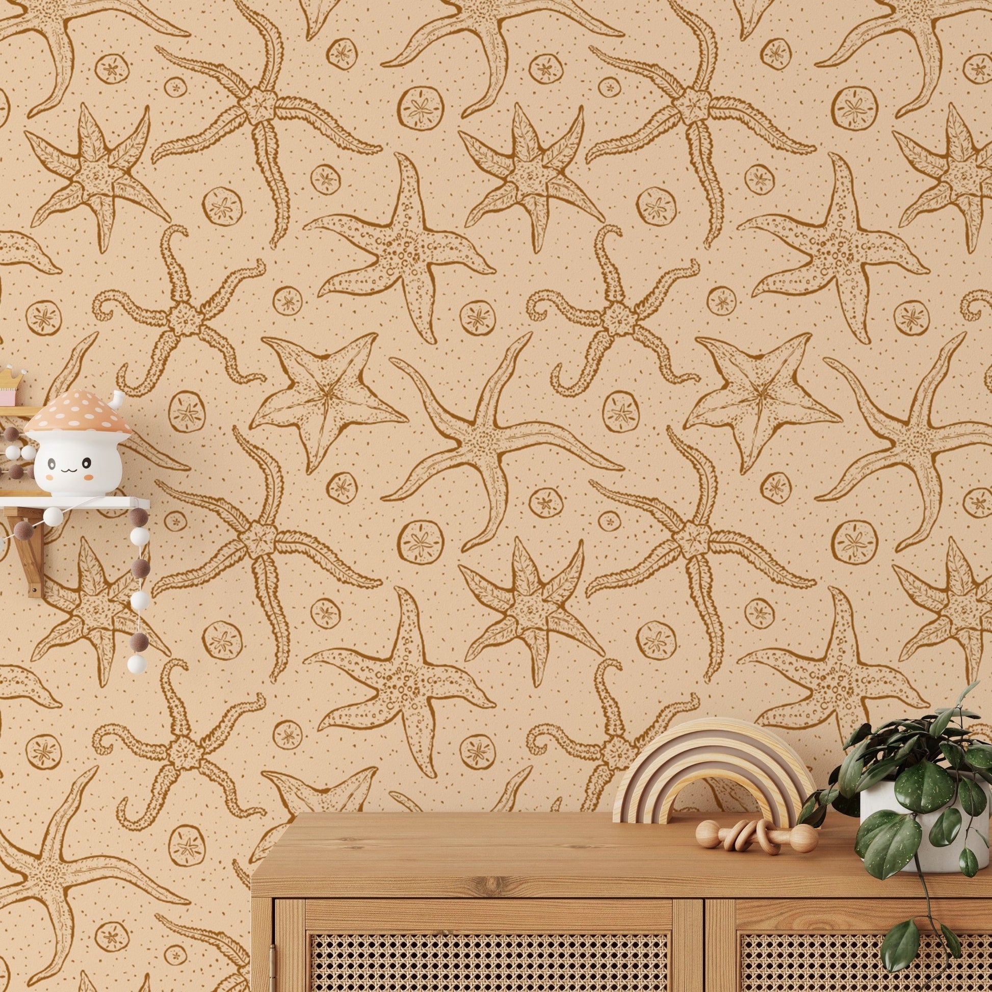 Nature-inspired warm brown echinoderms mural for serene spaces. RNM34
