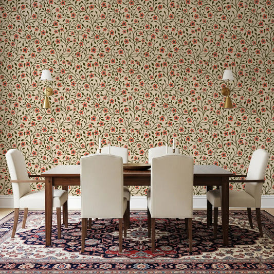 Folk warmth creeps into the dining room from this coral floral wallpaper⁠GD9563