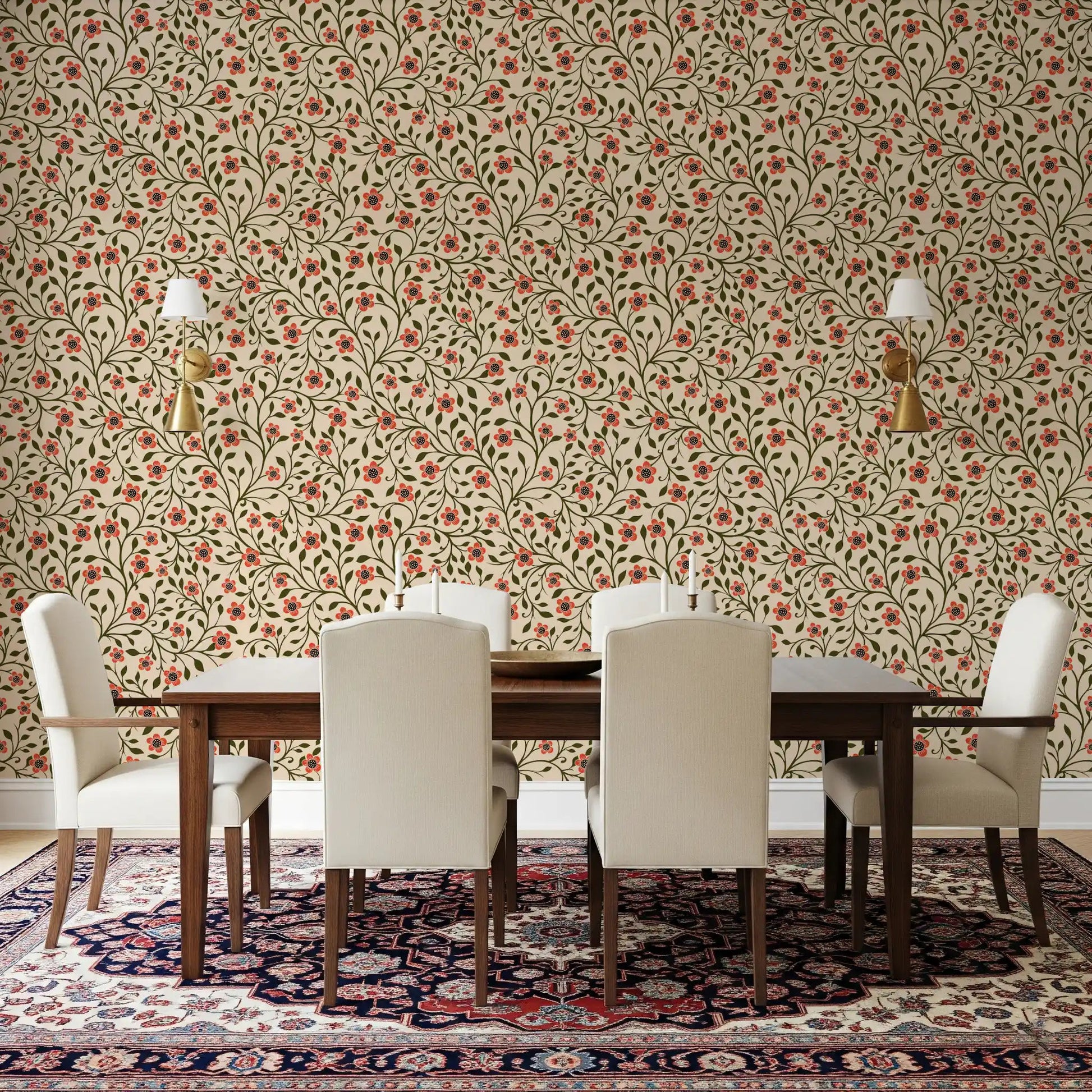 Folk warmth creeps into the dining room from this coral floral wallpaper⁠GD9563