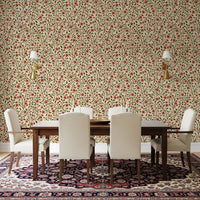 Folk warmth creeps into the dining room from this coral floral wallpaper⁠GD9563