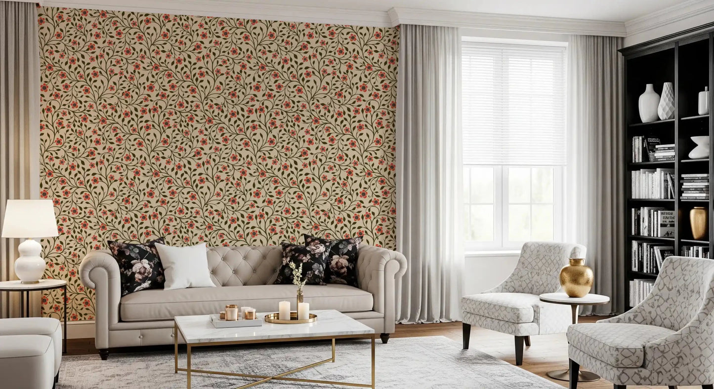 The living room turns more folk-like beside this coral vines wallpaper
GD9563