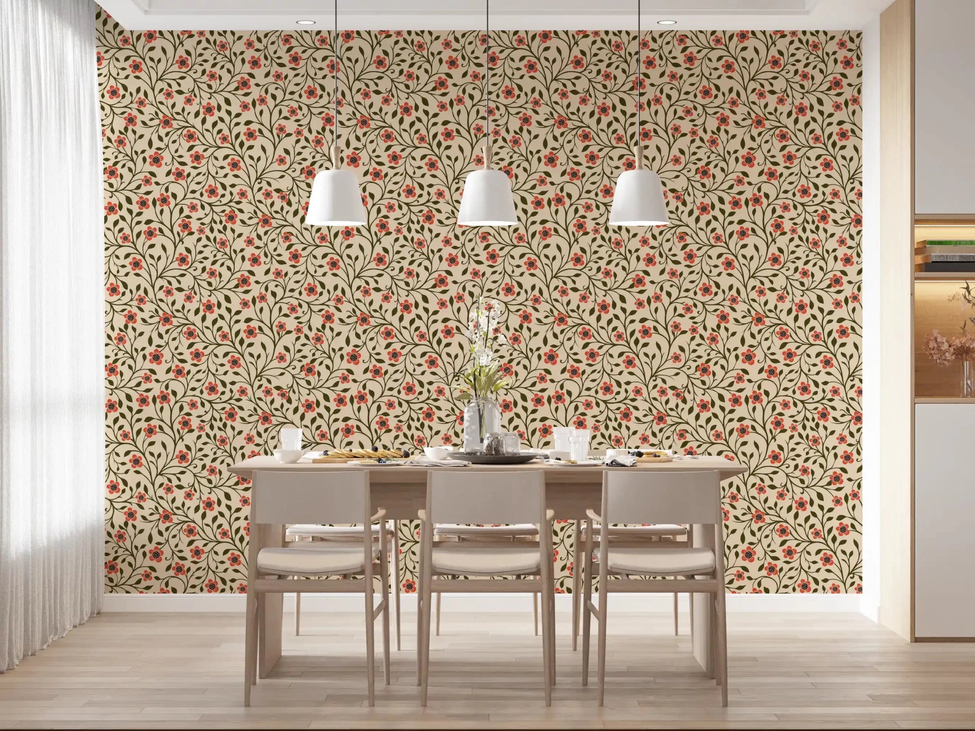 Coral and olive folk vines fill the second dining area on this wallpaper⁠GD9563