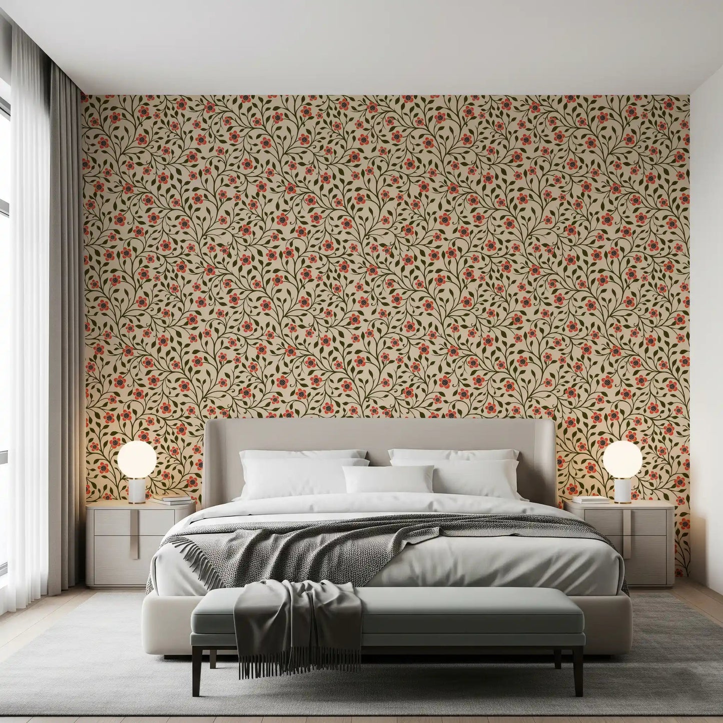 Coral-red blossoms with dark centers thread through olive vines on this folk wallpaperGD9563