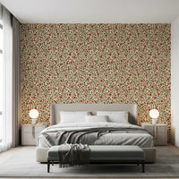 Coral-red blossoms with dark centers thread through olive vines on this folk wallpaperGD9563