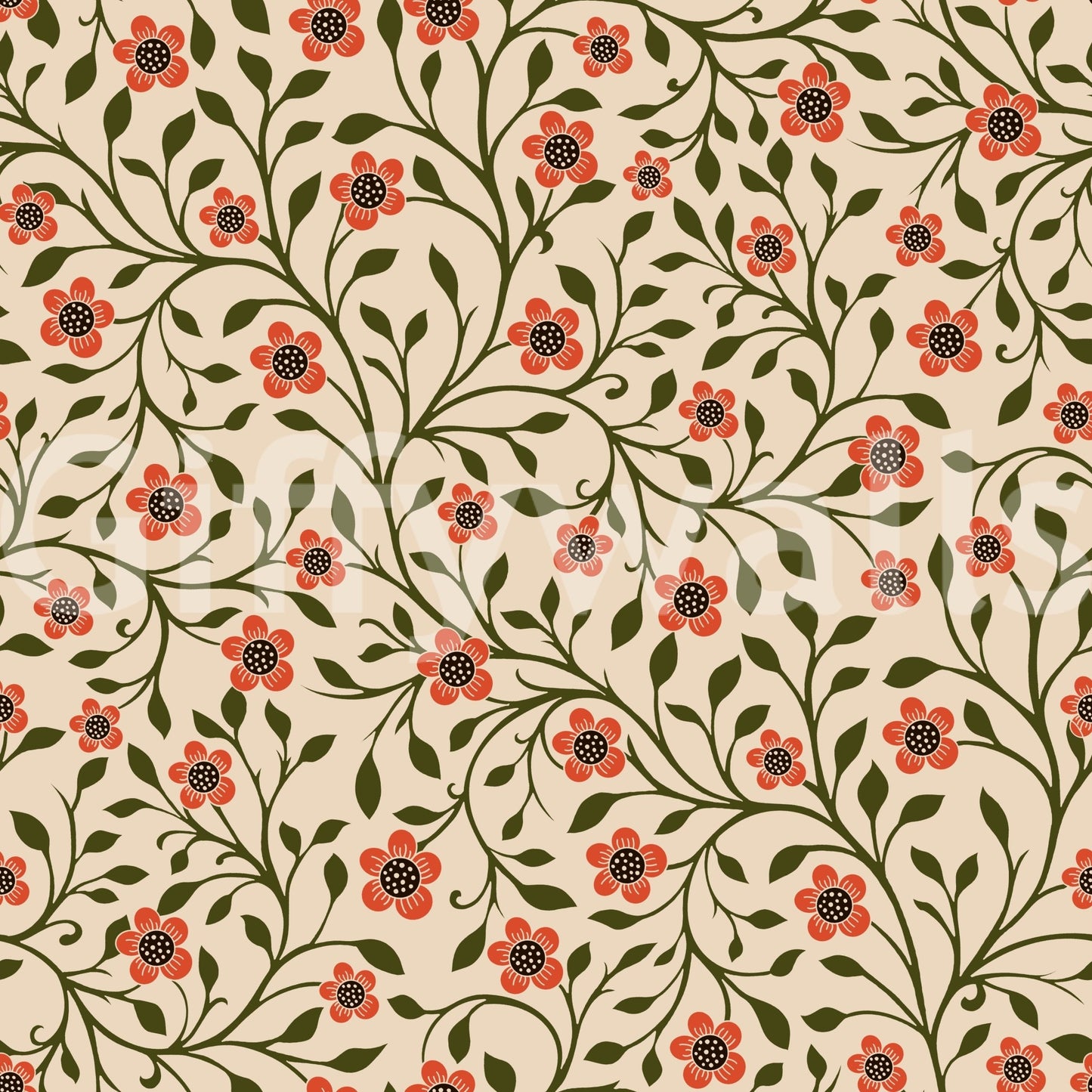 Old-world charm runs through the coral and olive folk floral wallpaper⁠GD9563