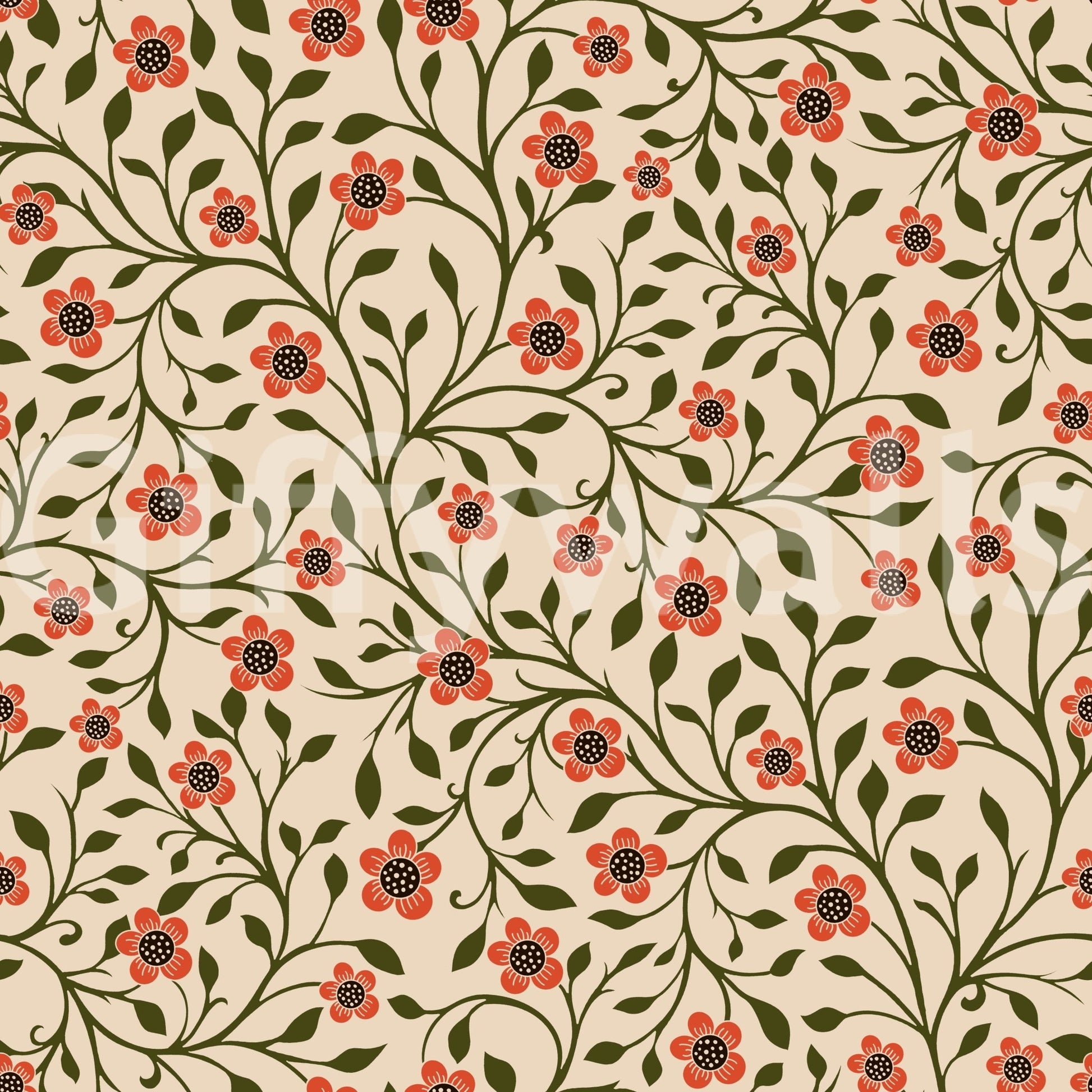 Old-world charm runs through the coral and olive folk floral wallpaper⁠GD9563