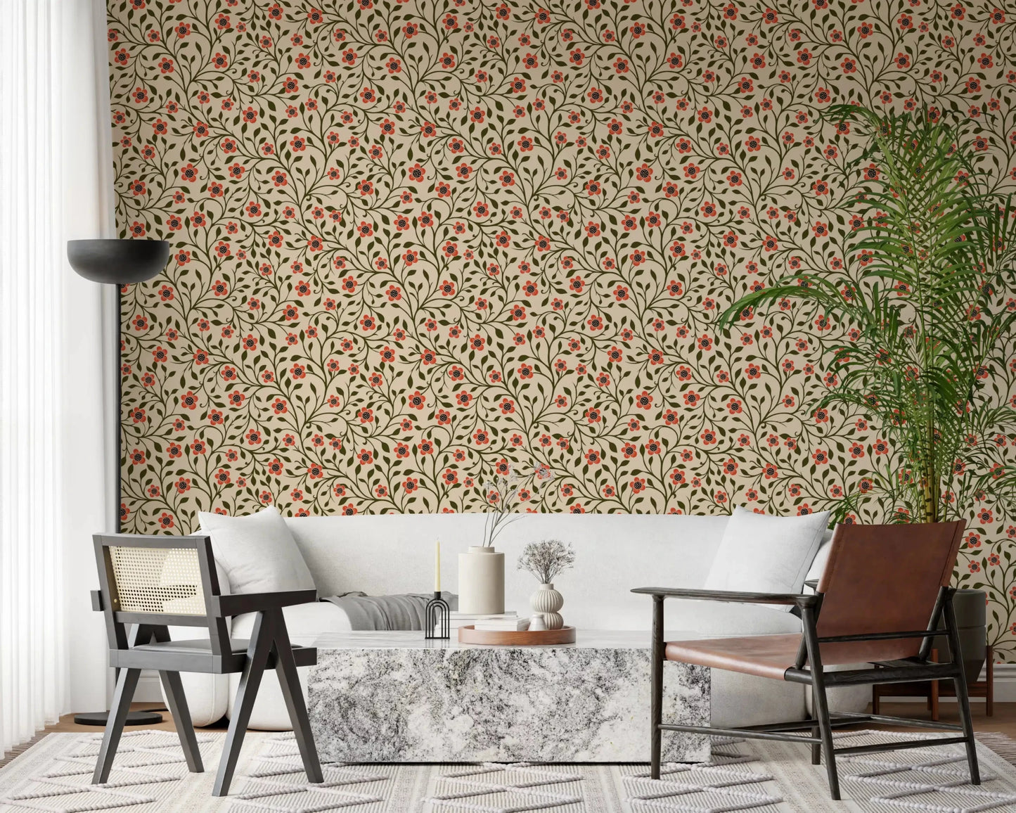 Curling green leaves wrap loosely between the coral blossoms on this floral wallpaper⁠GD9563