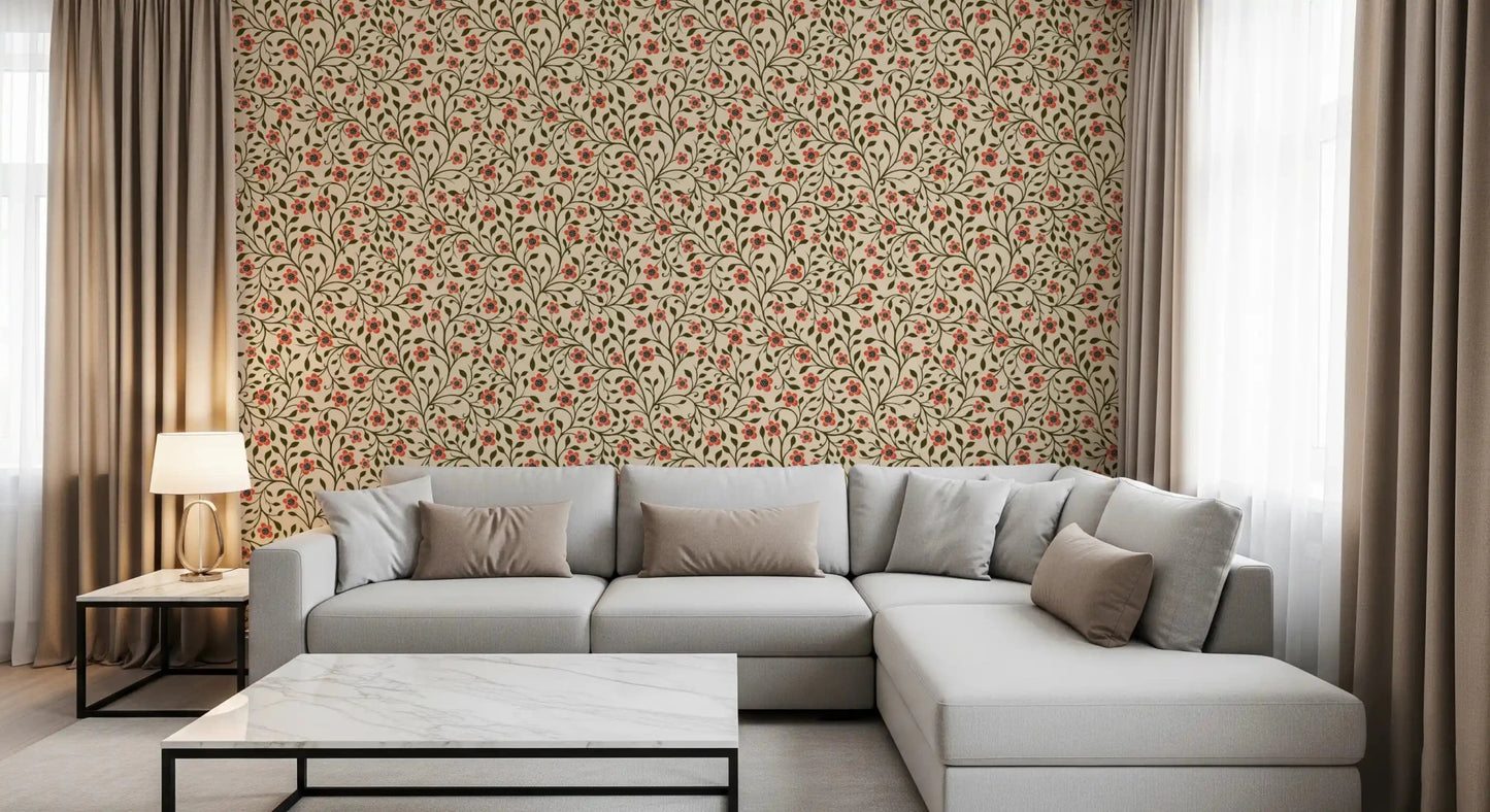 Folk-style flowers spread across a warm cream-beige ground on this vintage wallpaperGD9563