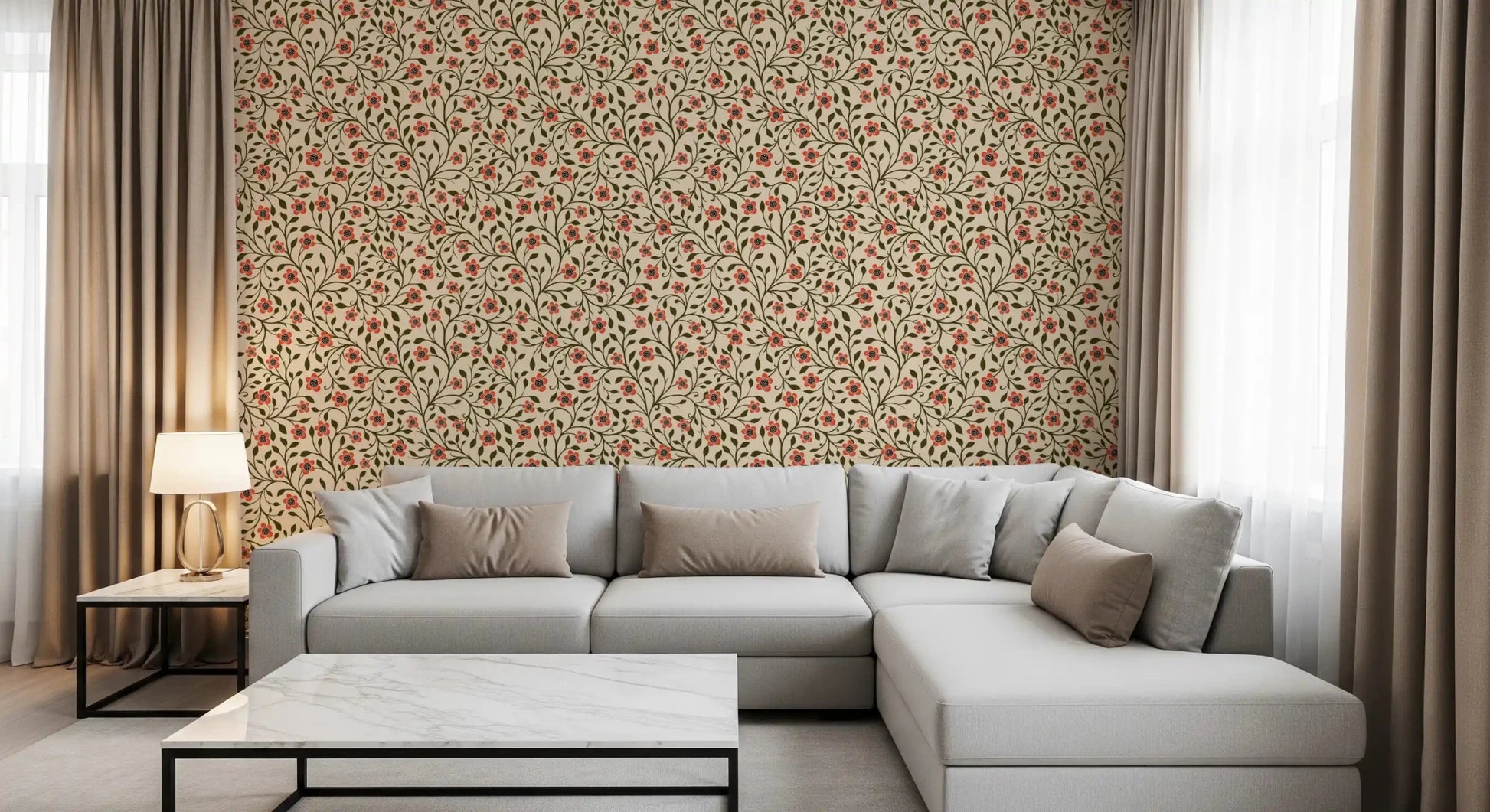 Folk-style flowers spread across a warm cream-beige ground on this vintage wallpaperGD9563