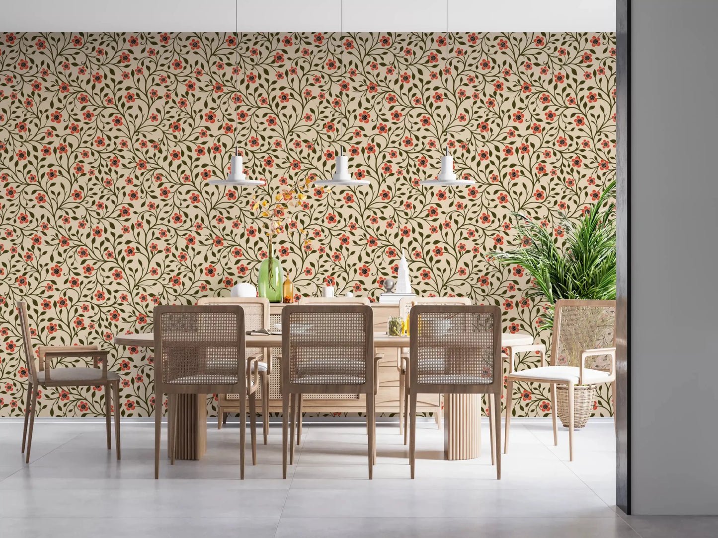 Five rounded petals frame each dotted core on the Warm Folk Floral Vines wallpaper⁠GD9563