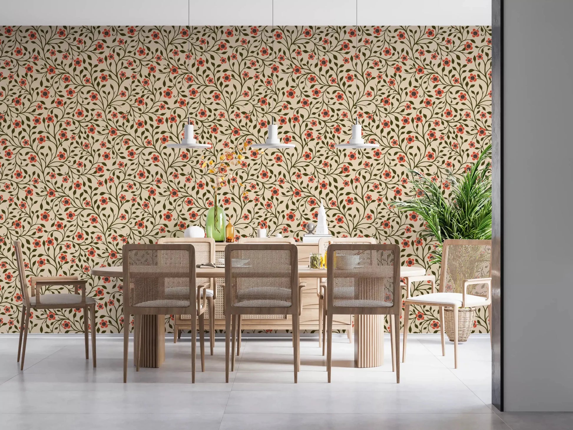 Five rounded petals frame each dotted core on the Warm Folk Floral Vines wallpaper⁠GD9563