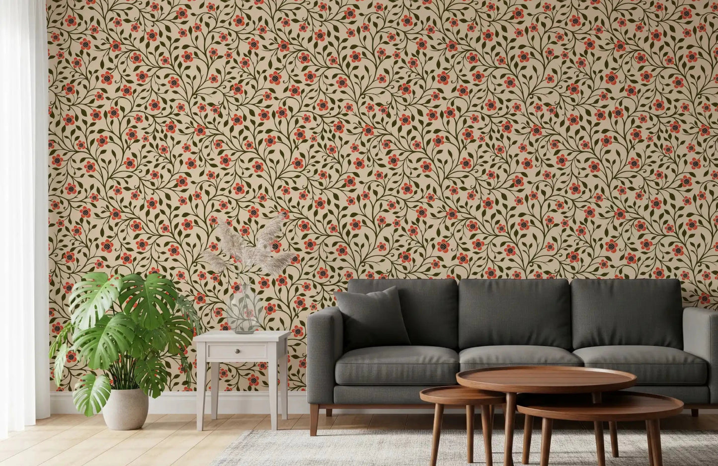 The open living area absorbs vintage warmth from this folk floral wallpaper
GD9563