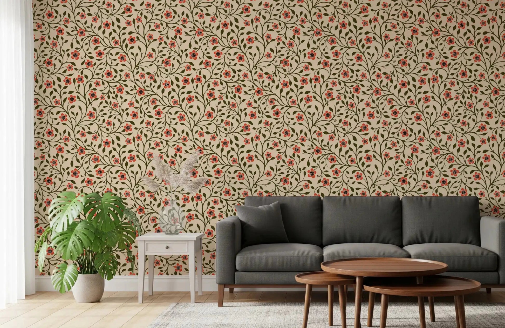 The open living area absorbs vintage warmth from this folk floral wallpaper
GD9563