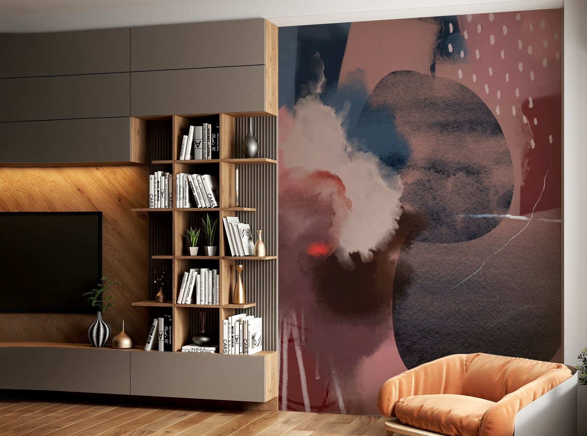 Red, orange, and yellow abstract mural

