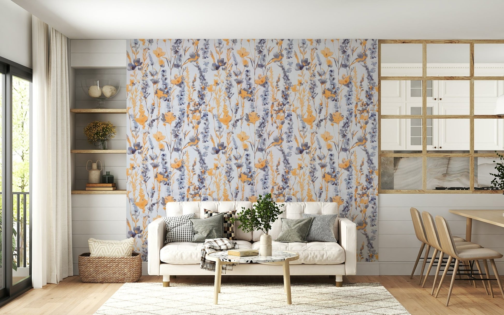 Shadowy blue floral print Warm Meadow Harmony Wallpaper