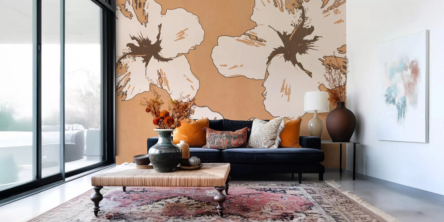 Large-scale hibiscus wall mural with warm tan ground and dark floral accents