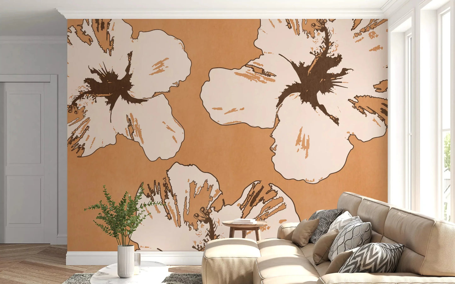 Tan botanical styling with Warm Mix of Hibiscus wall mural in an hallway