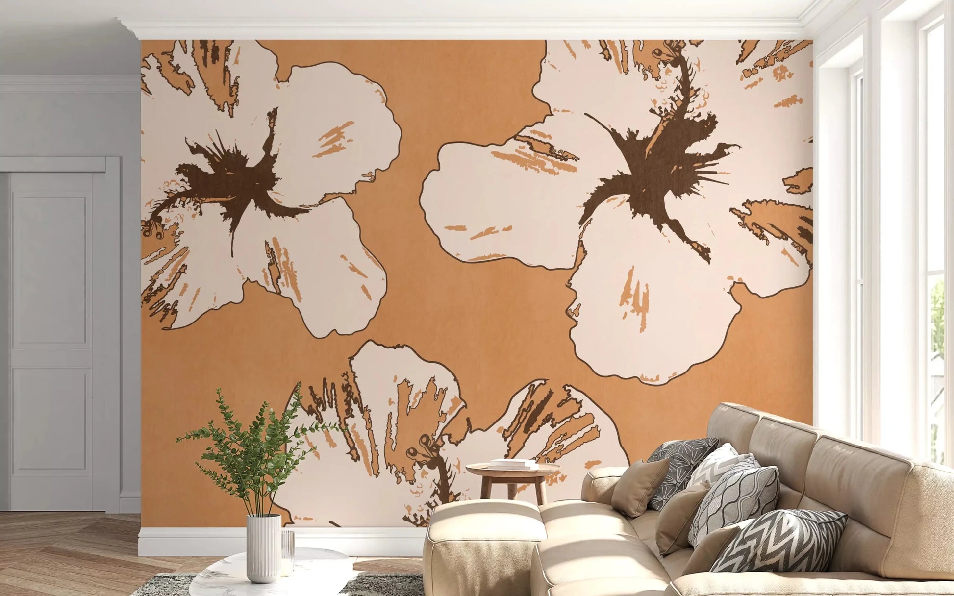 Tan botanical styling with Warm Mix of Hibiscus wall mural in an hallway