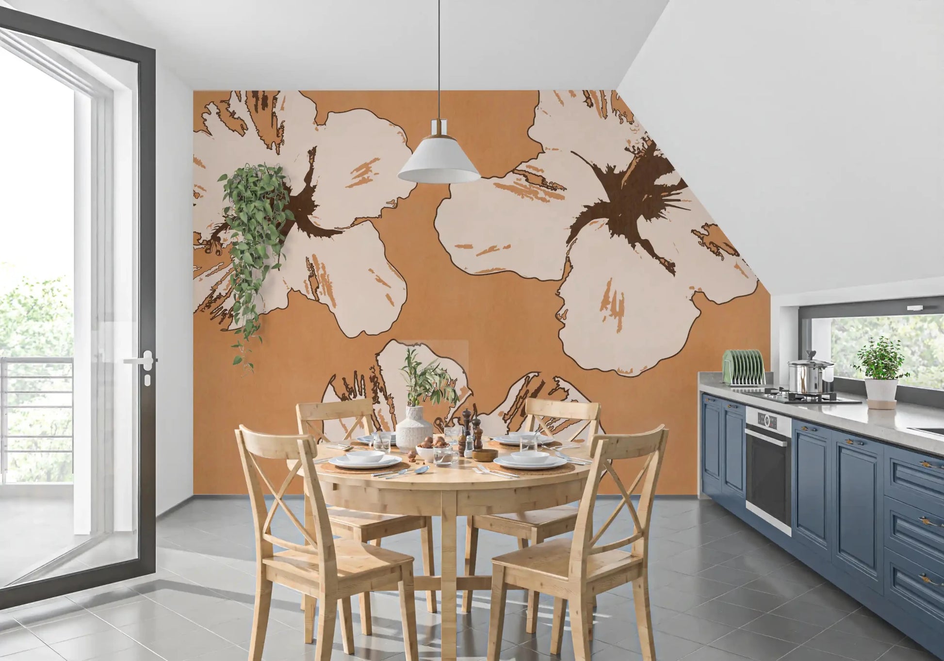 Graphic floral wall mural featuring cream petals and brown botanical contrast