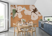 Graphic floral wall mural featuring cream petals and brown botanical contrast