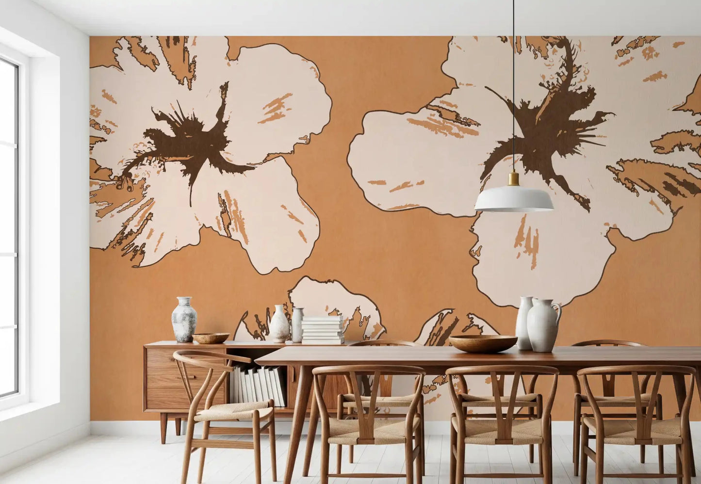 Bold floral outlines across Warm Mix of Hibiscus wall mural in a dining room