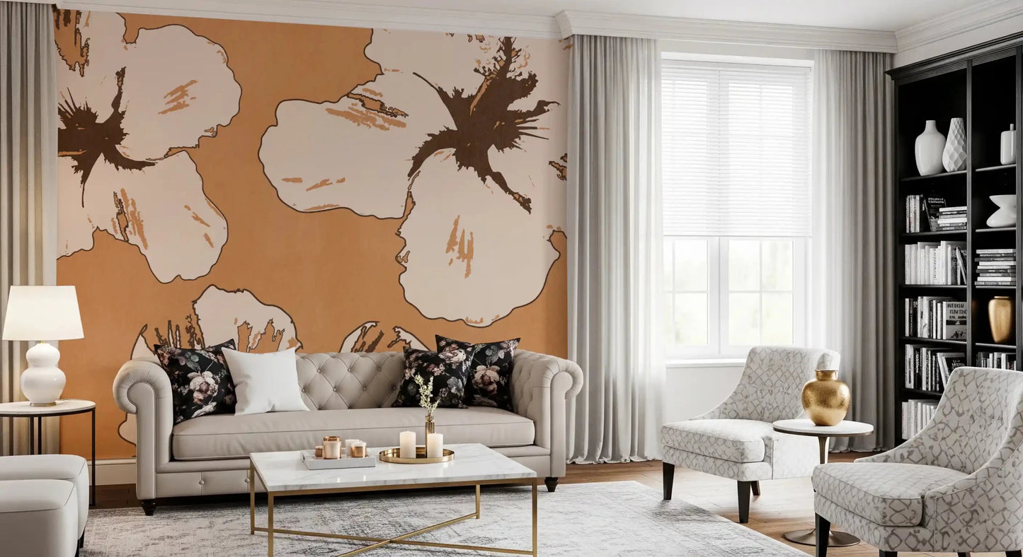 Modern hibiscus wall mural with broad flower shapes and natural warm tones