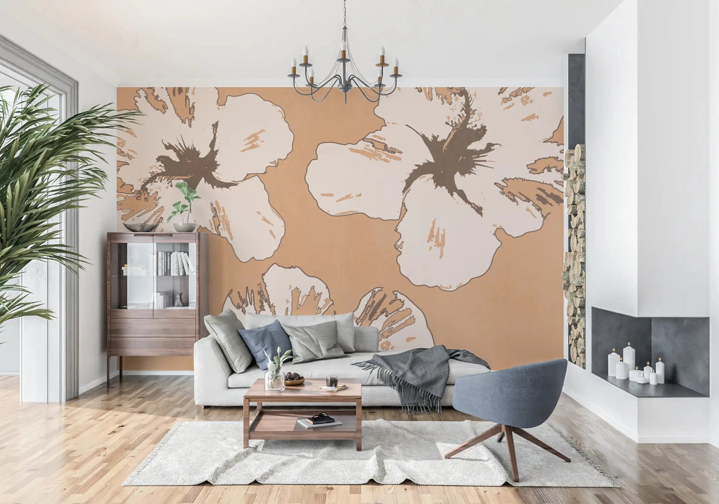 Oversized flower Hibiscus wall mural with earthy shading and clean petal silhouettes