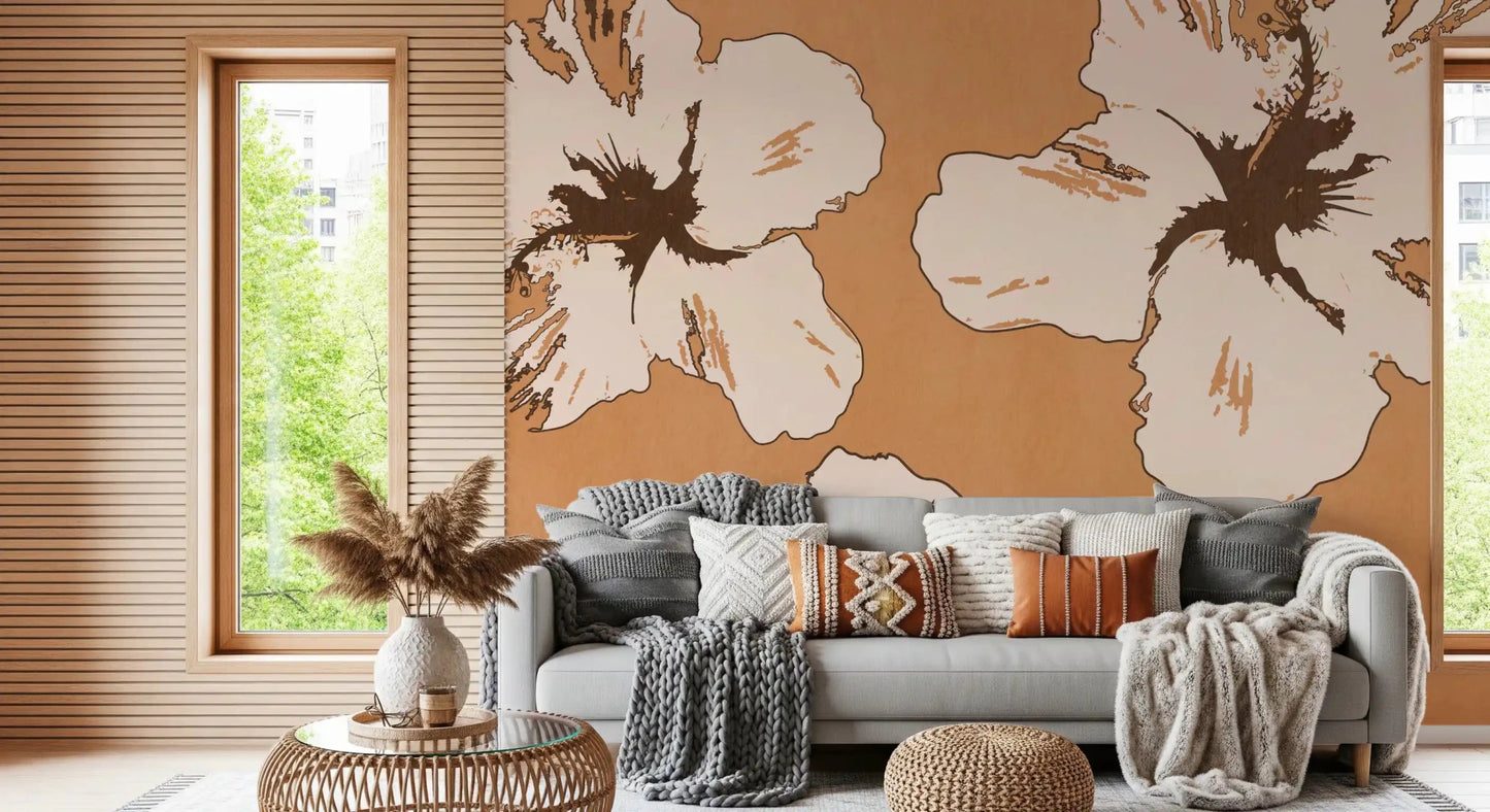 Botanical wall mural in tan and cream with expressive Warm Mix floral linework