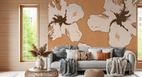Botanical wall mural in tan and cream with expressive Warm Mix floral linework