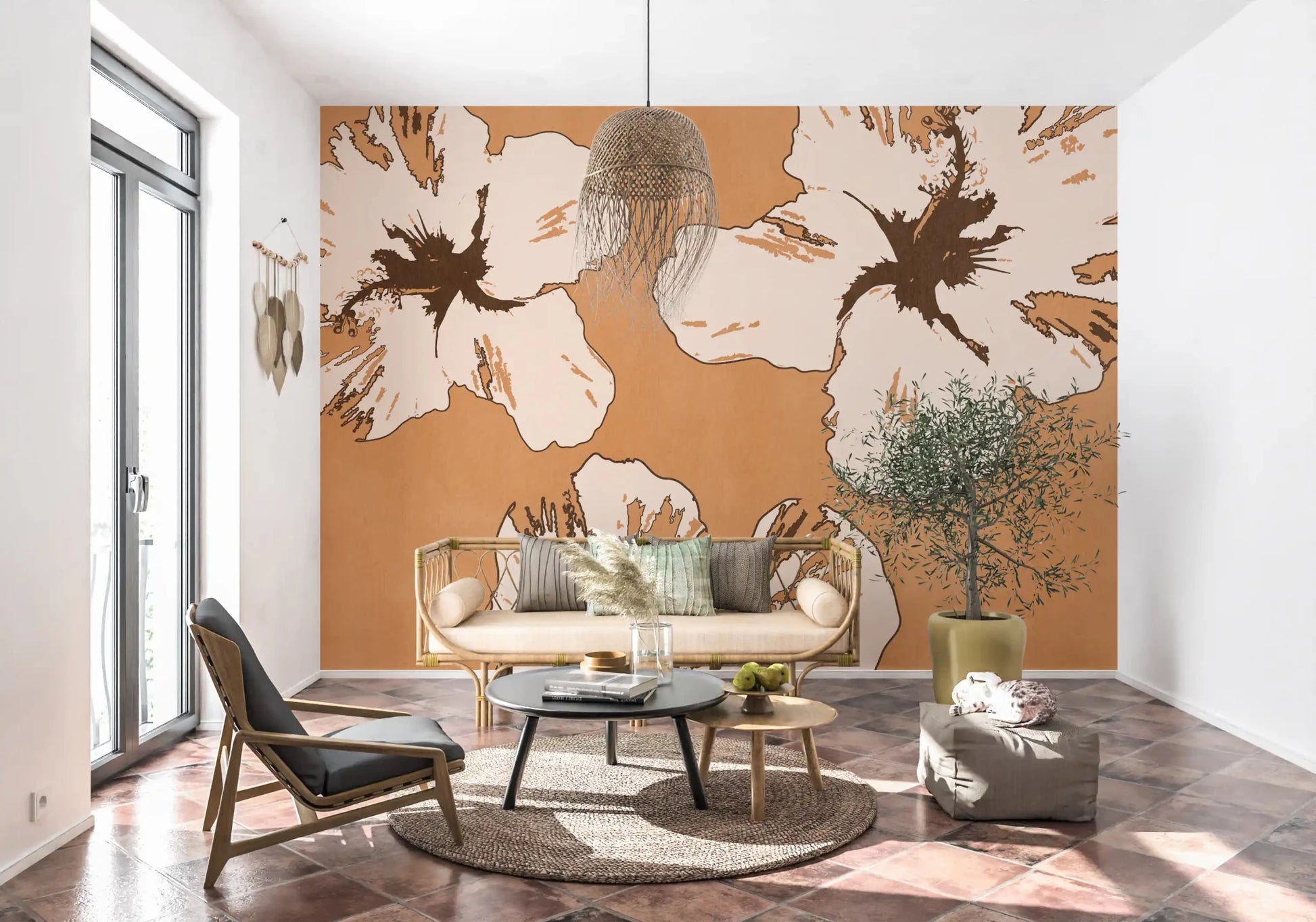 Soft neutral wall mural with statement hibiscus forms and open spacing