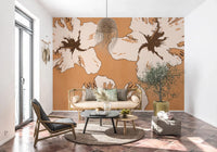 Soft neutral wall mural with statement hibiscus forms and open spacing