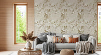 Warm Neutral Chrysanthemum wallpaper shows layered florals in soft beige tones