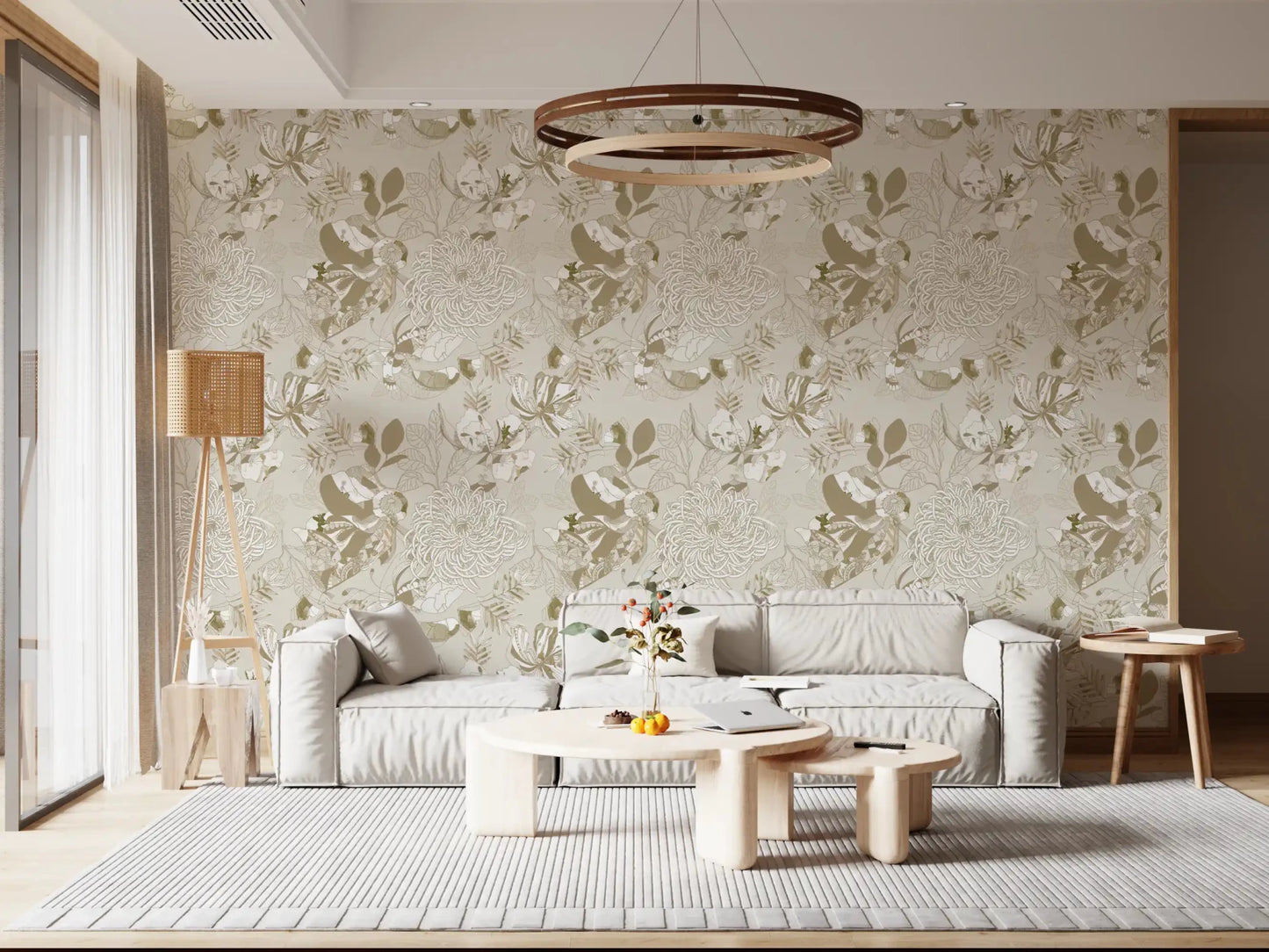 Living room styled with Warm Neutral Chrysanthemum wallpaper and soft beige blooms