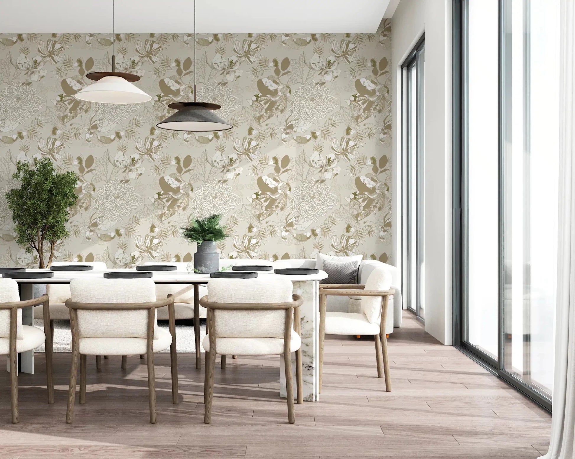 A light botanical pattern defines Warm Neutral Chrysanthemum wallpaper beautifully